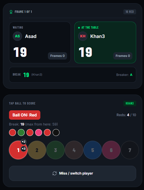 SnookerFlow referee Control Panel showing a live match score
